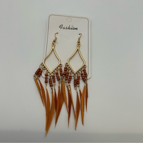 Bohemian Long Tassel Beaded Feather Drop Earrings Light Coffee Brown Color - Picture 3 of 6